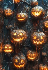 Canvas Print - Spooky halloween pumpkins hanging from a dead tree in a dark forest