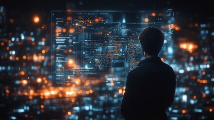 Poster - a person analyzing digital data in a futuristic cityscape at night, surrounded by glowing lights and