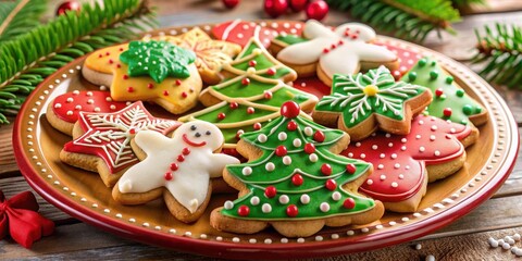 Close-up of a variety of homemade Christmas cookies on a festive plate, holiday, traditional, baking, seasonal, treats