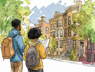 Wall Mural - Two people are walking down a street, one of them is holding a map. The street is lined with buildings, and the people are wearing backpacks. Scene is casual and relaxed