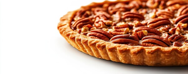 A pecan pie with golden crust, caramelized pecans, homemade dessert style, topdown view, isolated on white background