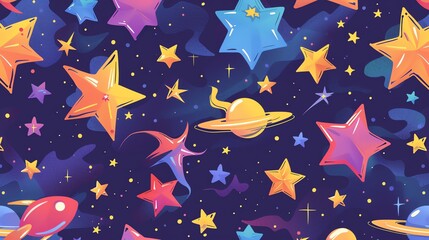 A seamless pattern with colorful stars, planets and a comet on a blue background.