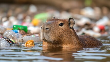 Canvas Print - A capybara swimming in a river of plastic bottles and other trash, AI