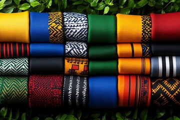 African pattern, kente cloth, brightly colored strips symbolize wealth, history, and social status in Ghanaian culture