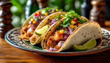 Vibrant presentation of fish tacos showcasing traditional Mexican flavors in a restaurant bar setting, perfect for menu design and culinary advertising