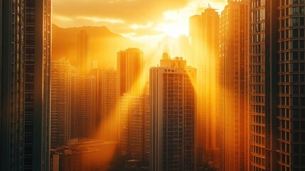Poster - Sunrise over a dense urban environment, with the sun rays breaking through the gaps between high-rise buildings and illuminating the morning sky.