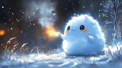 Sticker - Cute Snow Monster Holding a Burning Torch in a Wintery Forest.