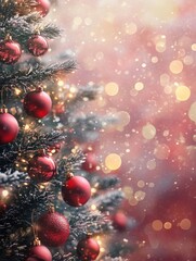 Wall Mural - weihnachtsbaum mit kugeln und verschwommenen, glã¤nzenden lichtern, rotes bokeh