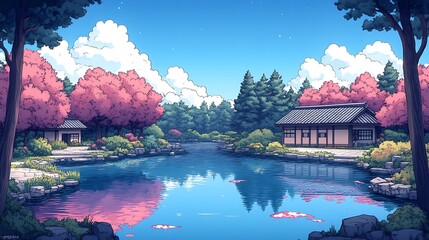 Wall Mural - Tranquil Japanese Garden with Koi Pond and Cherry Blossoms.