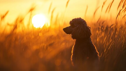 Wall Mural - A silhouette of a dog against a sunset in a grassy field.