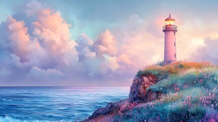 Canvas Print - Watercolor Lighthouse on a Cliff with Pastel Clouds and Ocean.