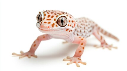 Wall Mural - A small gecko with white spots and brown eyes is looking at the camera, AI