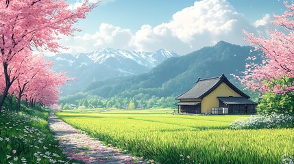 Poster - Japanese House with Cherry Blossoms and Mountain Landscape.