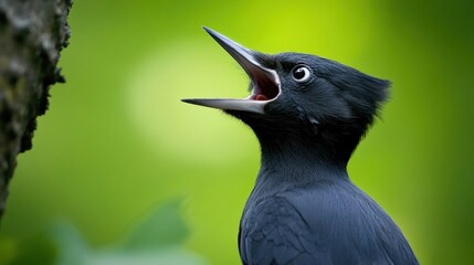 Wall Mural - A black woodpecker with its mouth open and a green background, AI