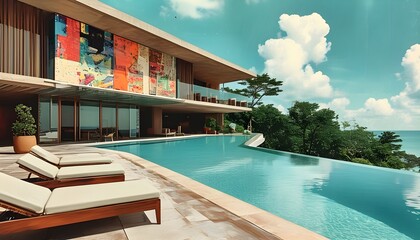 Luxury resort showcasing modern hotel and infinity pool with contemporary art collage, retro aesthetics for summer vacation and travel concept design.