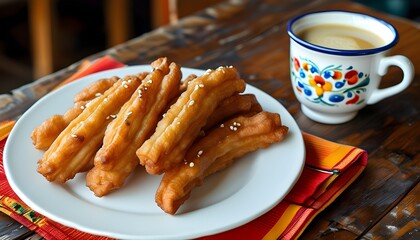 Wall Mural - Delicious churros paired with a coffee cup on a white plate, celebrating traditional Mexican cuisine in a vibrant menu design.