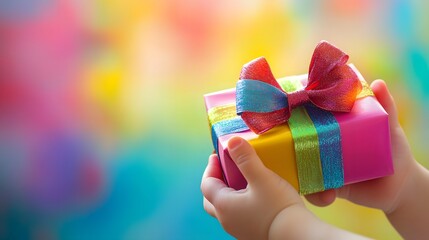 Child’s Hand Holding a Colorful Gift Box: A small hand grasping a brightly colored gift box with a large bow, set against a playful, kid-friendly background. 
