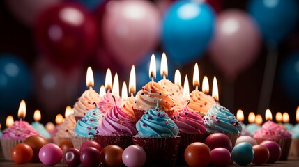 birthday card featuring an 50 candle cupcake on balloons backdrop.