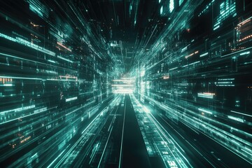 Poster - futuristic digital transmission of complex data in cyberspace. headway of technology. flow social ne