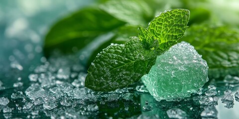 Mint leaves resting on ice crystals.