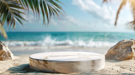 Sticker - Marble podium on sandy tropical beach with blurry sea backdrop