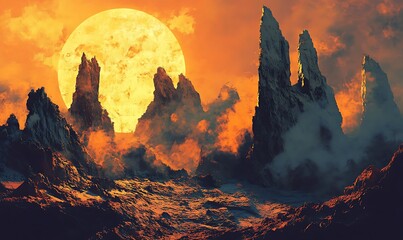 Sticker - A Large Yellow Moon Rising Over a Mountainous Landscape