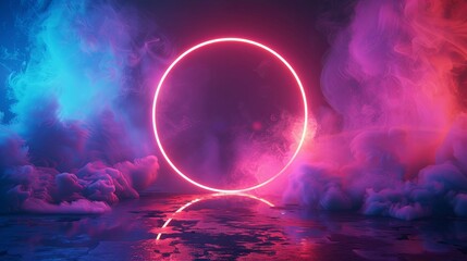 Wall Mural - A Neon Circle Glowing in Smoke and Reflecting in Water