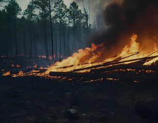 Wall Mural - forest fire with rising black smoke