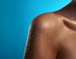 Wall Mural -  Close-up of a wet shoulder with water droplets on a blue background, symbolizing freshness._1(392)