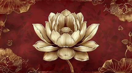 Wall Mural - Golden Lotus Flower with Red Background