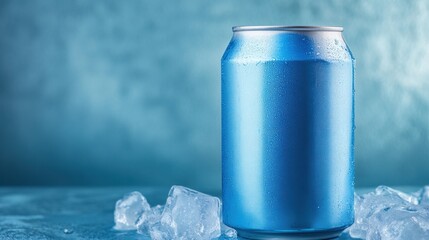 Wall Mural - A can of a blue beverage sitting on ice cubes, AI