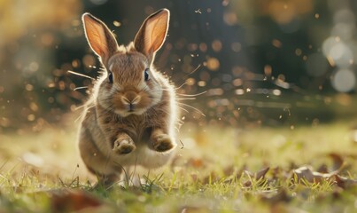 A cute rabbit jumping energetically in a sunlit field with leaves scattered around, capturing the joy and freedom of wildlife in nature