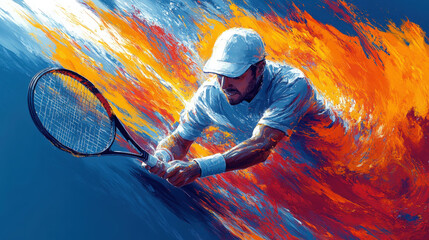 Wall Mural - a tennis player sprints low to hit a ball amid a burst of fiery colors and energy on the court