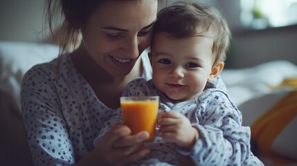 Young mom feeds toddler smoothies in bedroom.