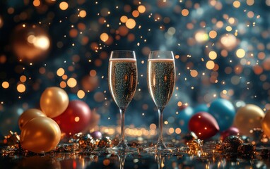 Two champagne glasses with festive balloons and bokeh lights background, perfect for celebrations and parties.