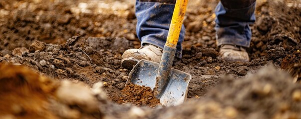 shovel being used to dig into the earth, capturing the essence of labor and manual work in digging a