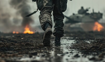 A soldier runs across a battlefield with explosions and fire in the background, showcasing bravery and action during intense combat scenarios