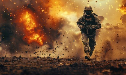 A soldier runs across a battlefield with explosions and fire in the background, showcasing bravery and action during intense combat scenarios