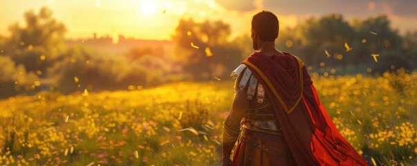 soldier standing in a field of red flowers, lit by the warm glow of an orange sunset over the horizon