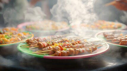 Wall Mural - Close-up of Steaming Skewers on Plates at a Street Food Market