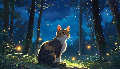 Mystical cat exploring a night forest in enchanting anime style