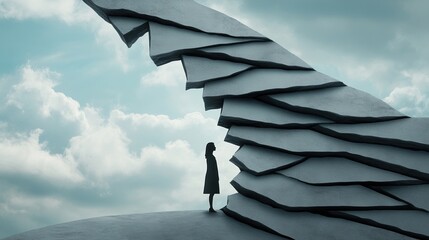 A woman standing in front of a large rock formation, AI