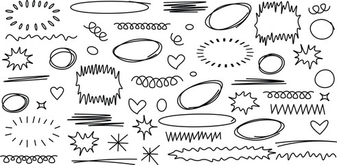 Poster - Set of scribble doodle underline emphasis shape. Emphasis line shape collection. Hand drawn brush stroke line shape, speech bubble shapes, line element, arrow element vector illustration. Line Element