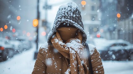 Wall Mural - A person bundled up in a brown jacket and scarf walks through a snowy street.