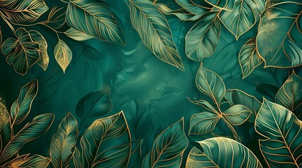 Wall Mural - Abstract Green and Gold Tropical Leaf Background