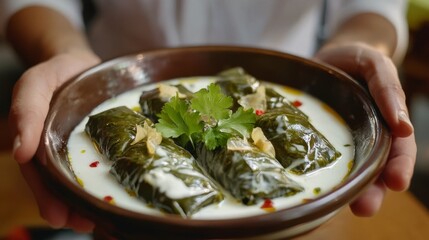 Wall Mural - Dolma, a Georgian dish, served with sauce.