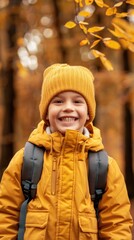 A young boy wearing a yellow hat and a yellow jacket is smiling