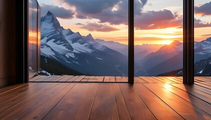 Serene mountain view at sunset from a wooden deck overlooking natures beauty