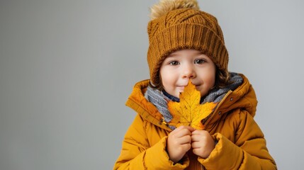 A young child is holding a leaf in his hand while wearing a yellow jacket