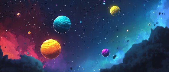 Wall Mural - A Vibrant Nebula with Colorful Planets and Stars